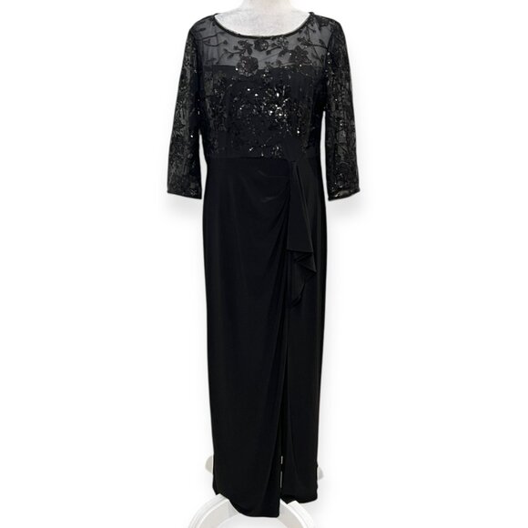 Alex Evenings 14P Petite Black Sequin Lace Gown Long Formal Dress Evening Party - Picture 1 of 10
